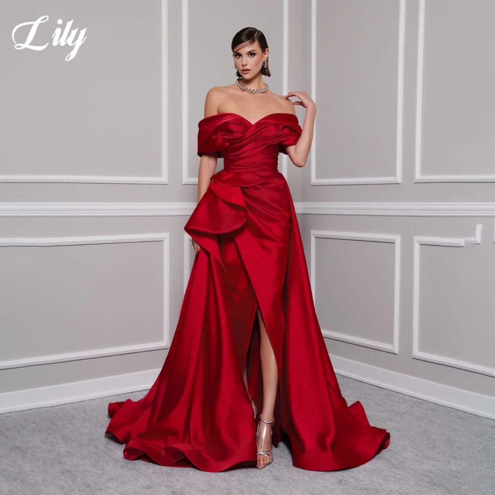 Lily Red Elegant ชุดราตรี V คอปิดไหล่ชุดผู้หญิงซาตินจีบด้านข้างแยกชุดราตรีที่กําหนดเอง