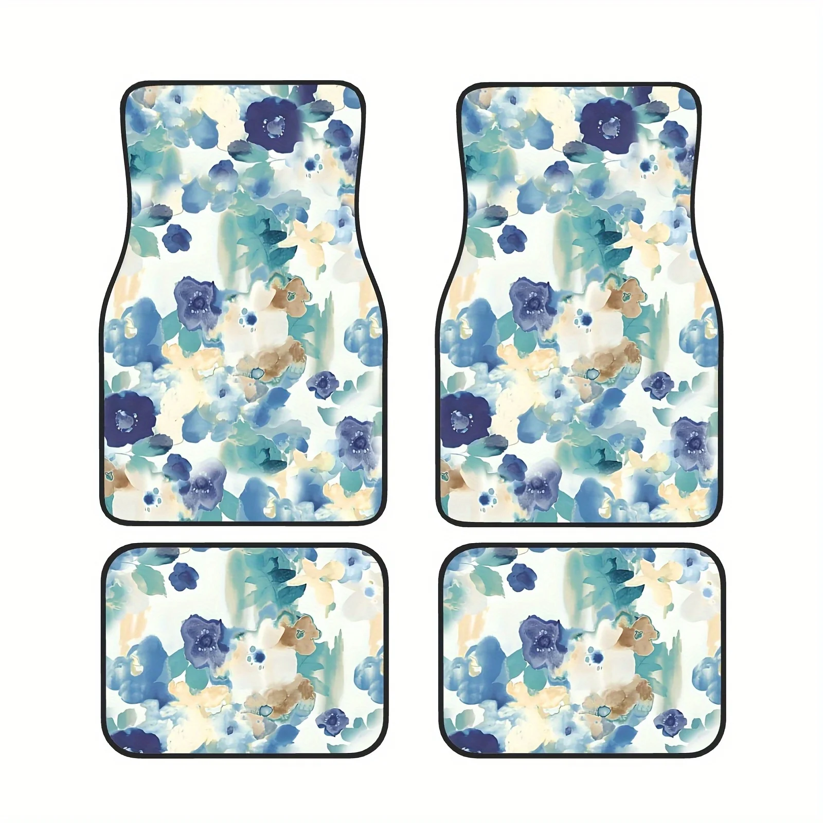

4pcs Blue Flower Printed Car Floor Mats - Full Coverage, Soft Crystal Velvet, Fit For Sedans, Vans, SUVs, All Vehicles, Perfect