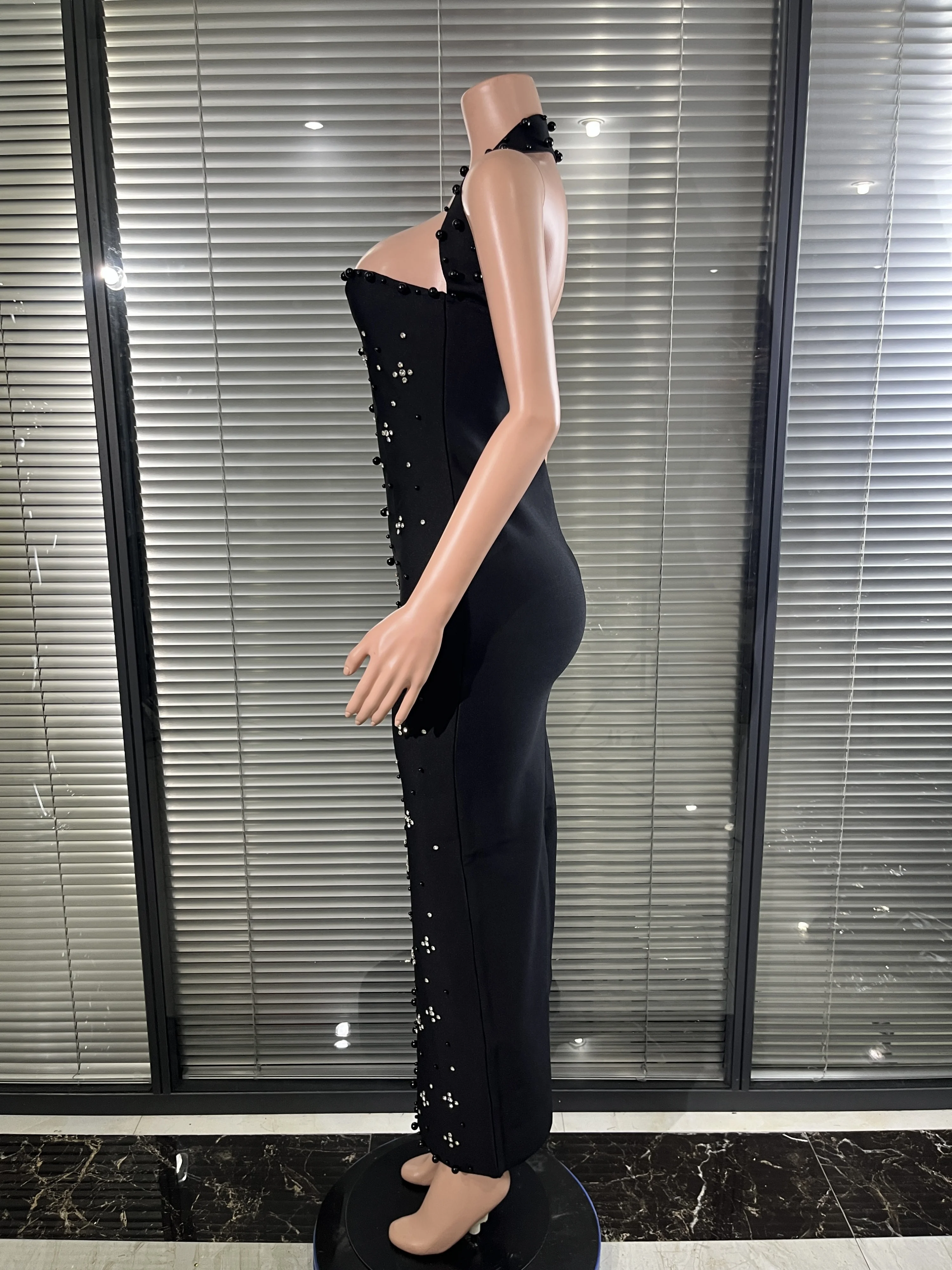 Elegant Refined Rhinestone Pearl Halter Backless Bodycon Bandage Long Dress Women Luxury Birthday Evening Gala Gowns
