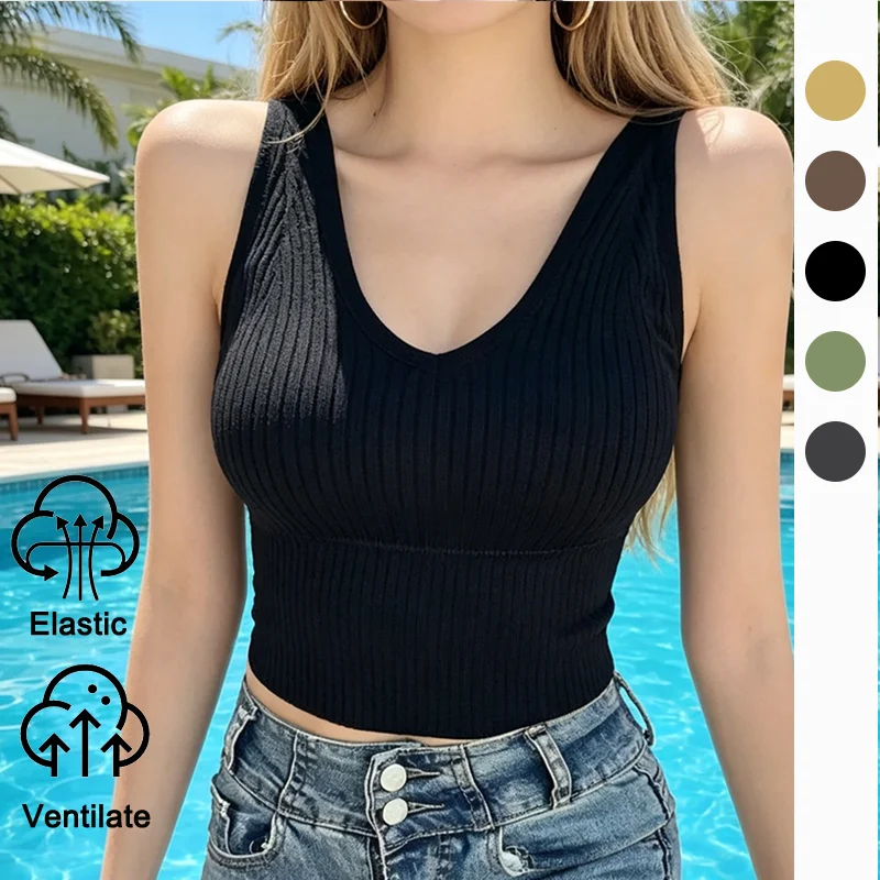 V Neck Rib Crop Tank Top Bra Tops Summer Sleeveless Solid Color Backless Sporty With Detachable Pads Bra Top