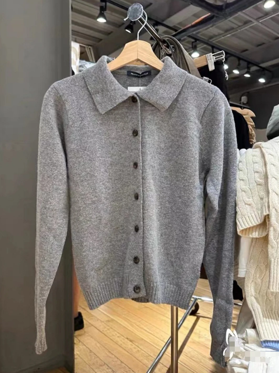 Gray Vintage Slim Knitted Sweater Cardigan Woman Autumn Lapel Single Breasted Long Sleeve Coat Casual Sweet Sweaters Y2k Top