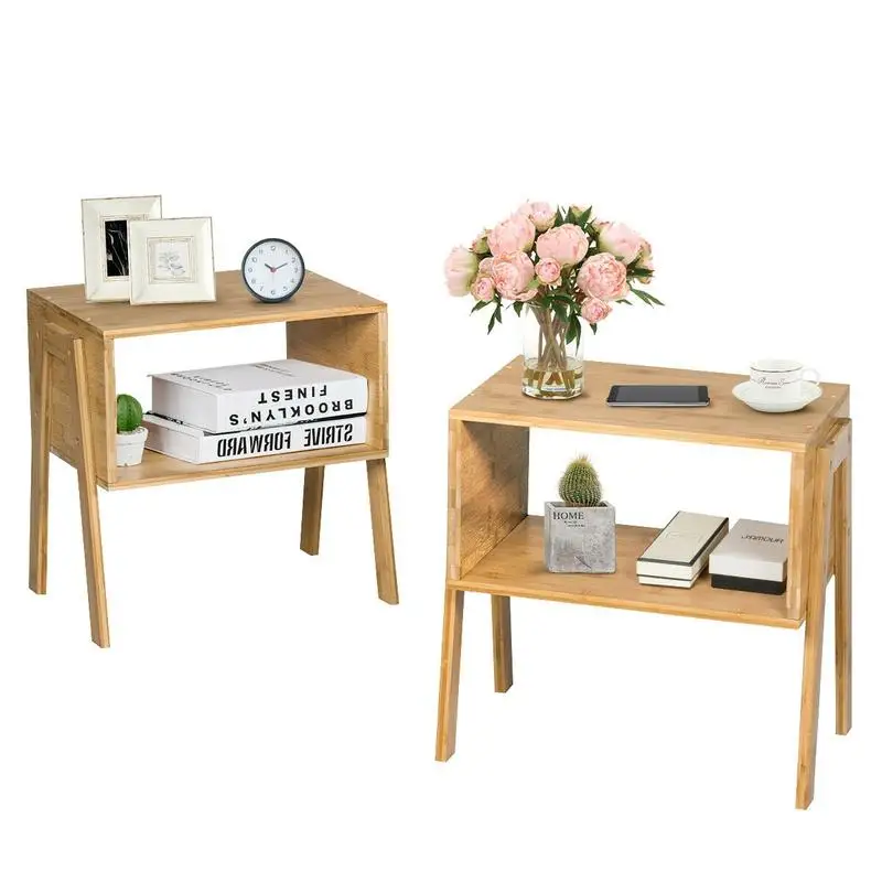 

2 Pieces Bamboo Nightstand Sofa Table with Storage Shelf