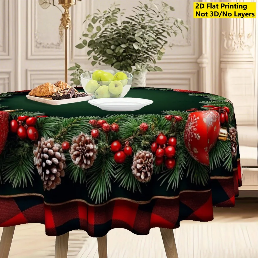 2D Flat Tablecloth, Pack of 1, Round Christmas Tablecloth with Checked Trim and Wreath Pattern
