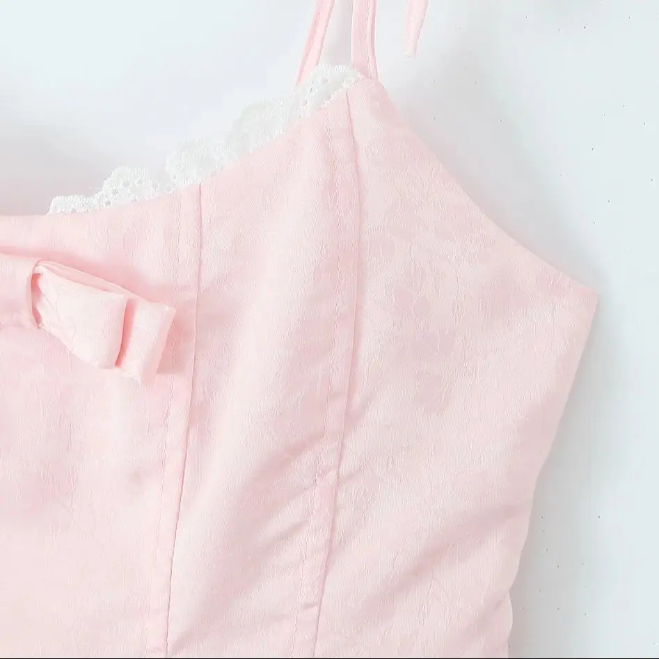 2025 Women Sexy Pink White Jacquard Floral Bow Lacing Up Sling Dress Low Waist Spliced Lace Ball Gown Mini Dresses Party Robe