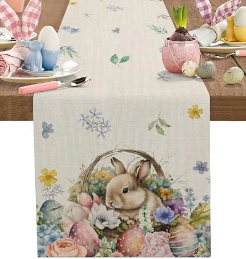 

Пасхальный кролик, яйца, цветы, дорожка для стола, декор для праздничной вечеринки, многоразовая дорожка для кухонного обеденного стола в фермерском доме, пасхальные украшения