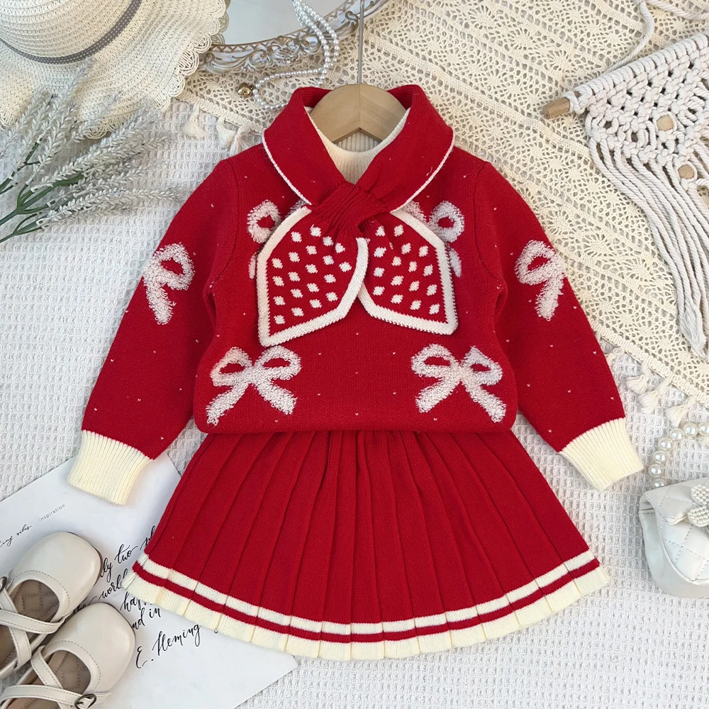 Kids Clothes Girls Knit Two Piece Set Sweet Bow Print Sweater Striped Pleated Skirt Toddler Girls Autumn Winter Festival Outfit