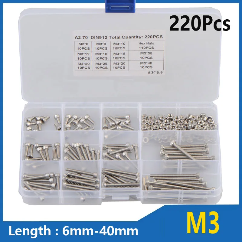 

220pcs Hex Hexagon Socket Cap Head Screws Set Allen Head Screw Kit M3 Stainless Steel 304 DIN912 Bolt and Nut Kit