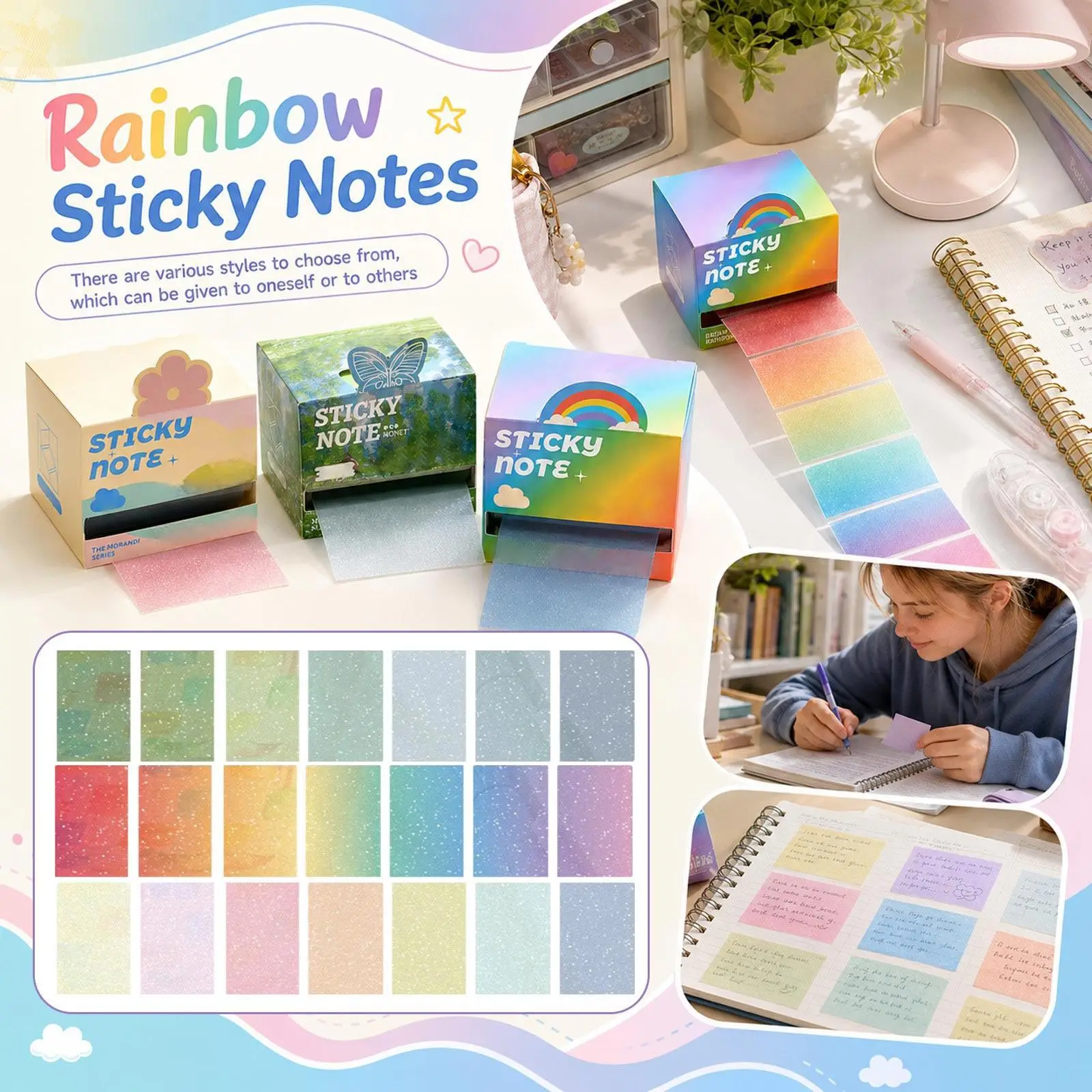 Cute Adhesive Gradient Color Sticky Notes with PUll-tab Design - for School & Office Use, Back To School Supplies