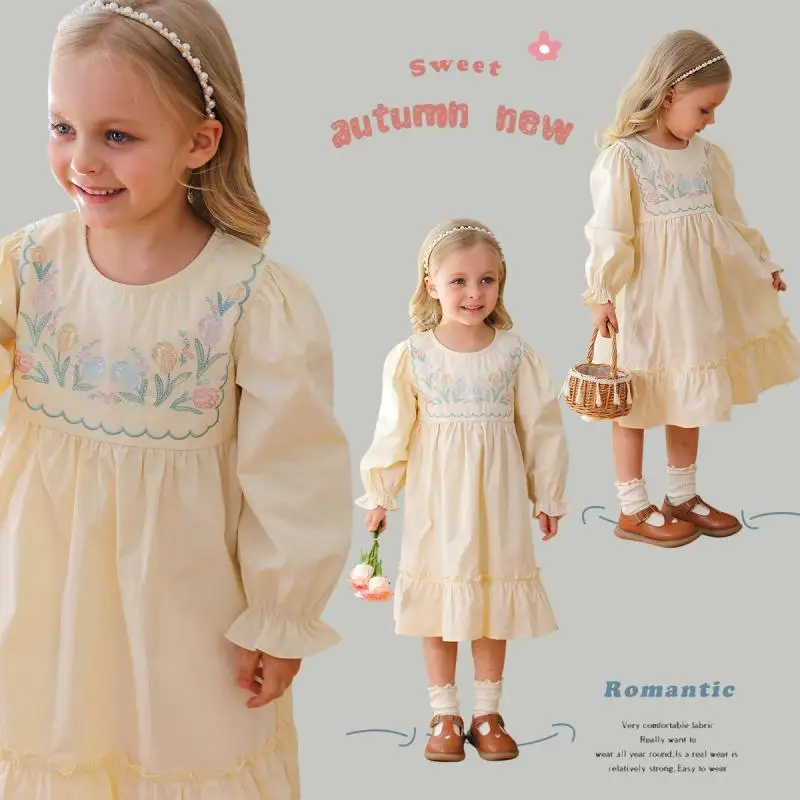 2024 Girls Flower Embroidered Elegant Dresses Round Neck Long Sleeves Holiday Dress Girl Simple Casual Clothing for Children Kid