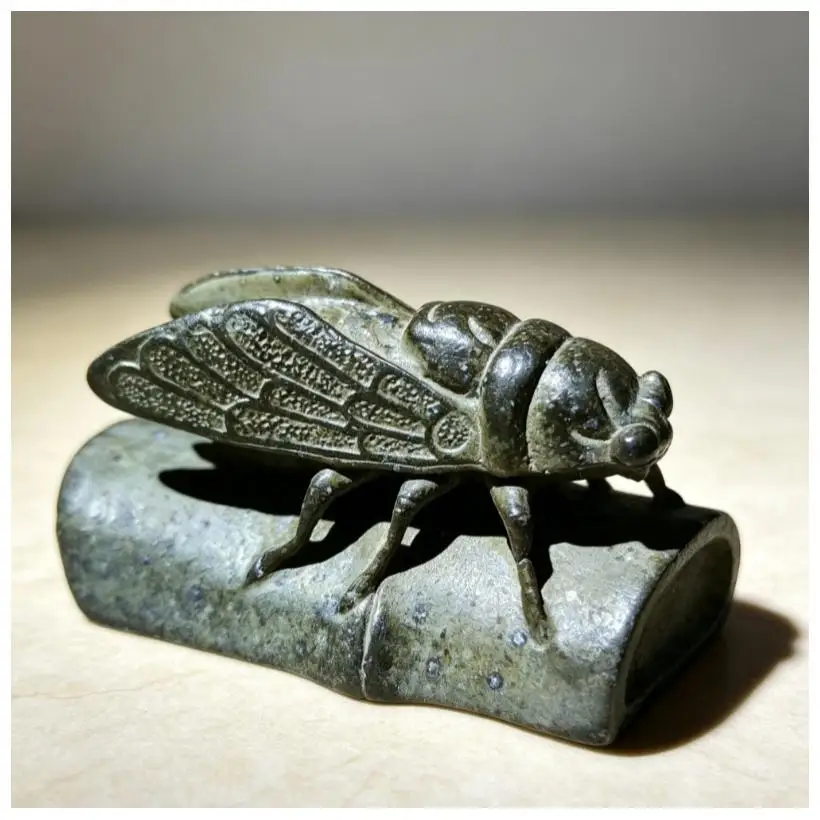 Vintage Solid Copper Cicada on Bamboo Sculpture Auspicious Home Decor & Tea Pet