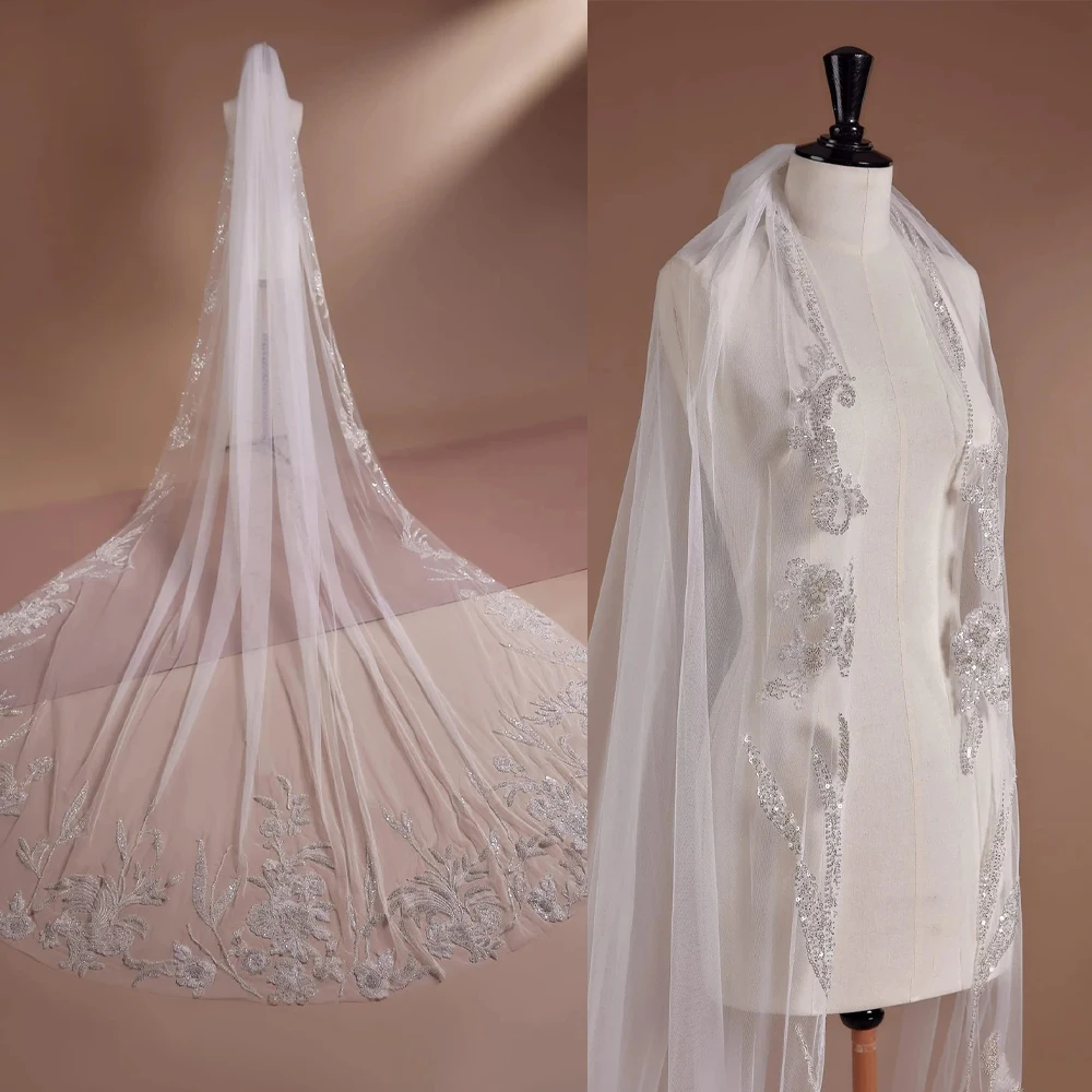 

Tailored Sequined Appliques Wedding Veil 3 Meters White Ivory Cut Edge Bridal Veil with Comb Blusher Bride Headpiece Accessories