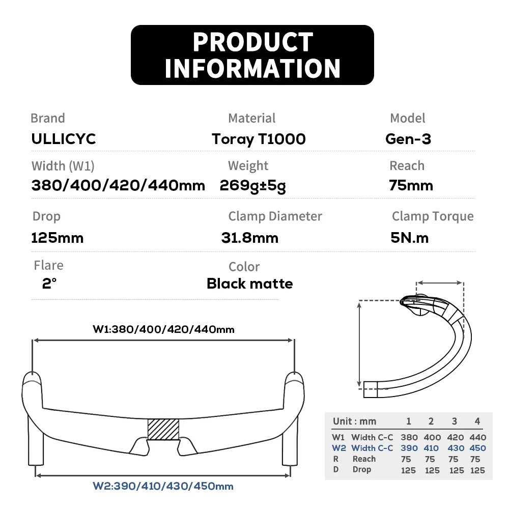 Rapide FOR SL6 SL7 SL8 Frame ULLICYC T1000 Carbon Fiber Road Handlebar 31.8MM 380MM/400/420/440MM DI2 EPS Flare 2° Cockpit