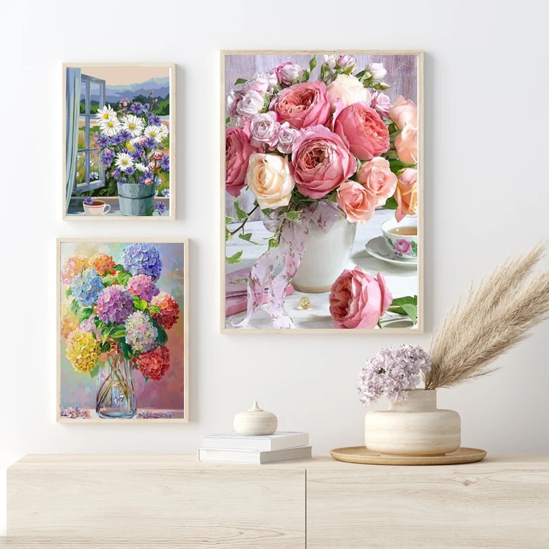 GATYZTORY-Peinture à l'huile peinte à la main pour adultes, kits de peinture par numéros, image de fleurs, décoration de la maison, cadeau de bricolage, 60x75cm