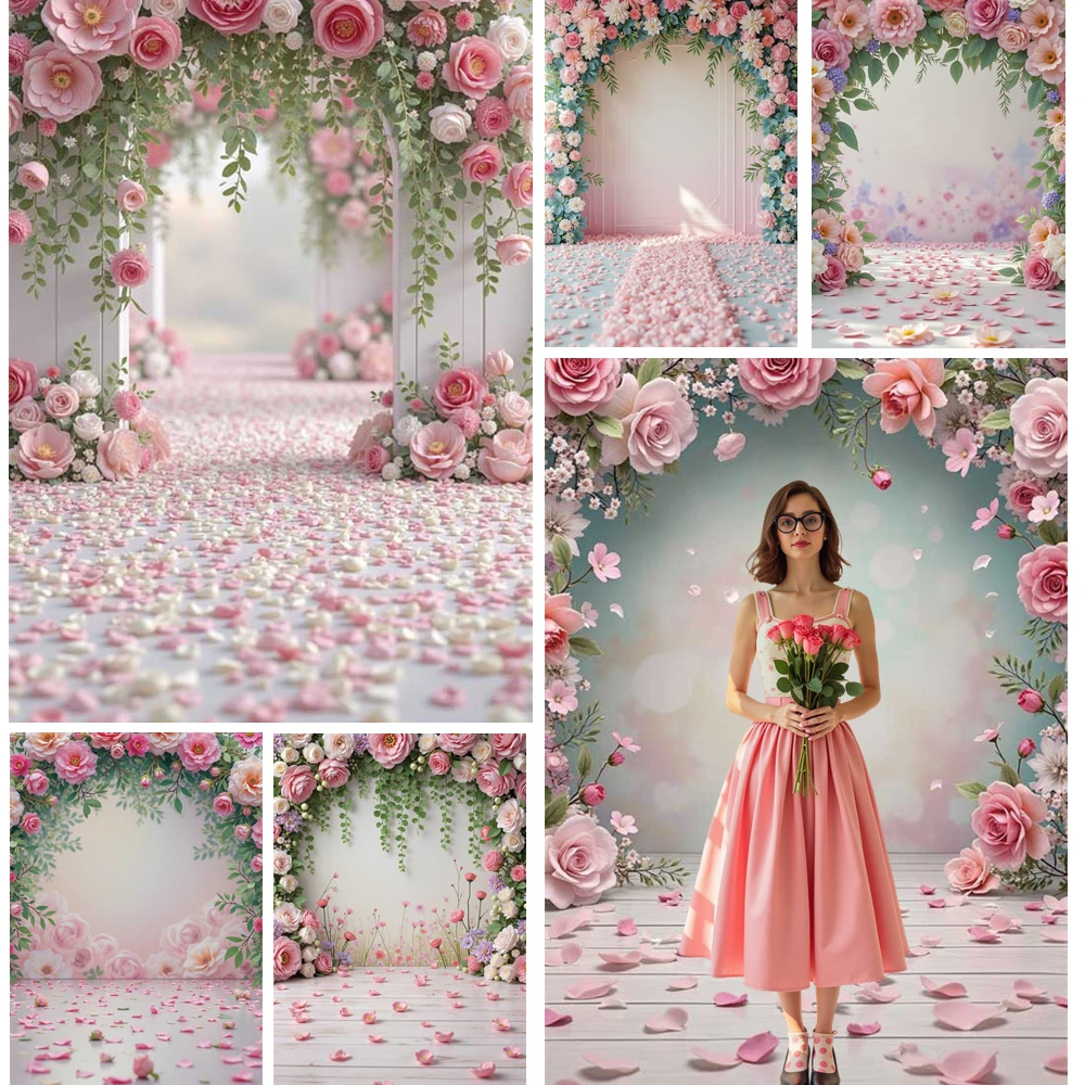 

MOON.QG Floral Frame Backdrop Pink Flower Garden Arch Photo Background Studio Shooting Props Wedding Photobooth Photography