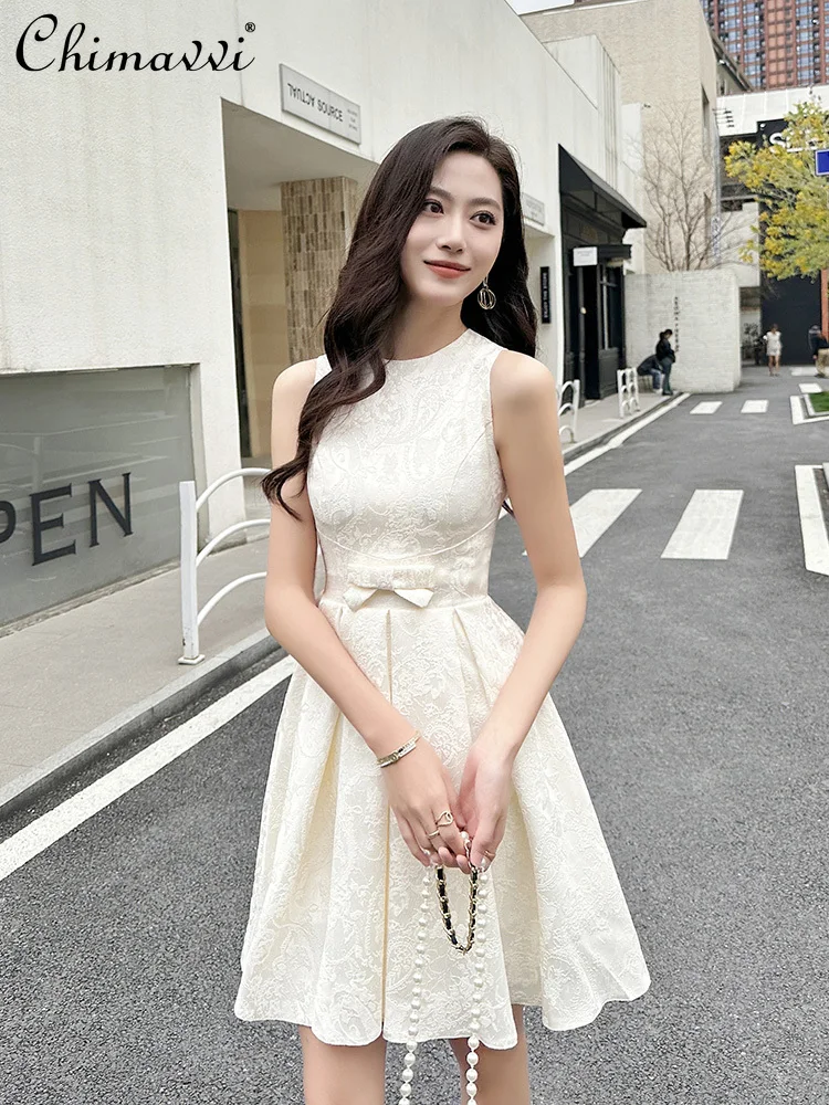 

French Elegant Temperament Socialite Evening Dresses Crew Neck Sleeveless High Waist Bow A-line Short Pleated Dress Women Summer