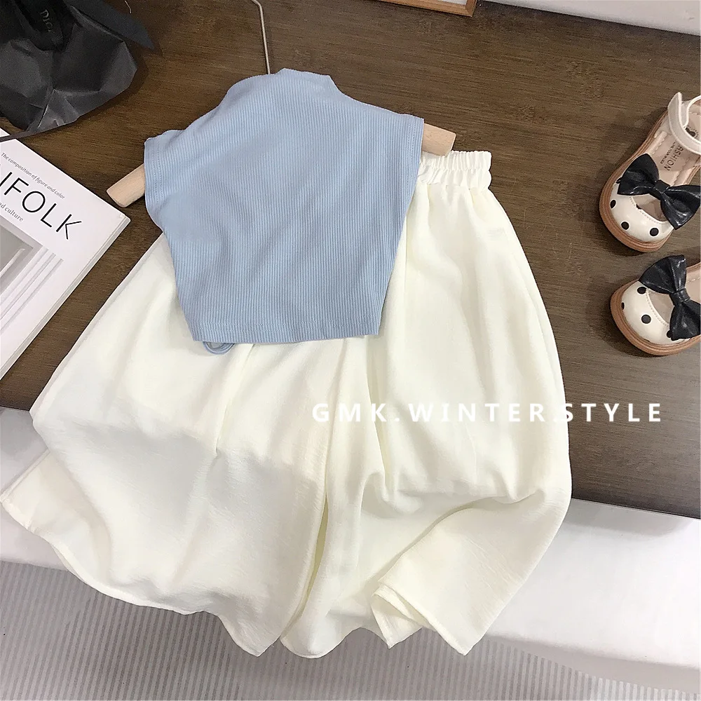 Childrens Sets Girls Backless T-shirt Summer New White Wide Leg Pants Fashion Two Pieces 2024 Solid Simple Blue Pleated