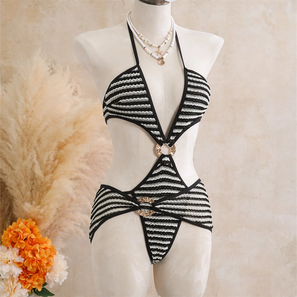 Black and White Stripe Swimsuit Bikini 2 Piece Deep V Extrem Hollow Out Monokin Micro Skirt Women Backless Swimwear Beach Outfit