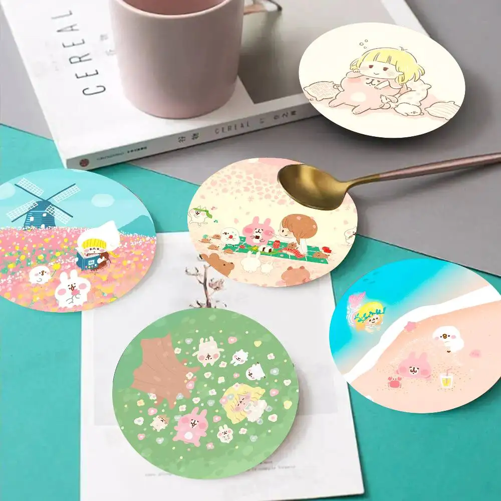 1pc Ins Style K-Kanahei Cute Wooden Coaster Colour Printing Cup Mat Home Desk Decoration Gifts