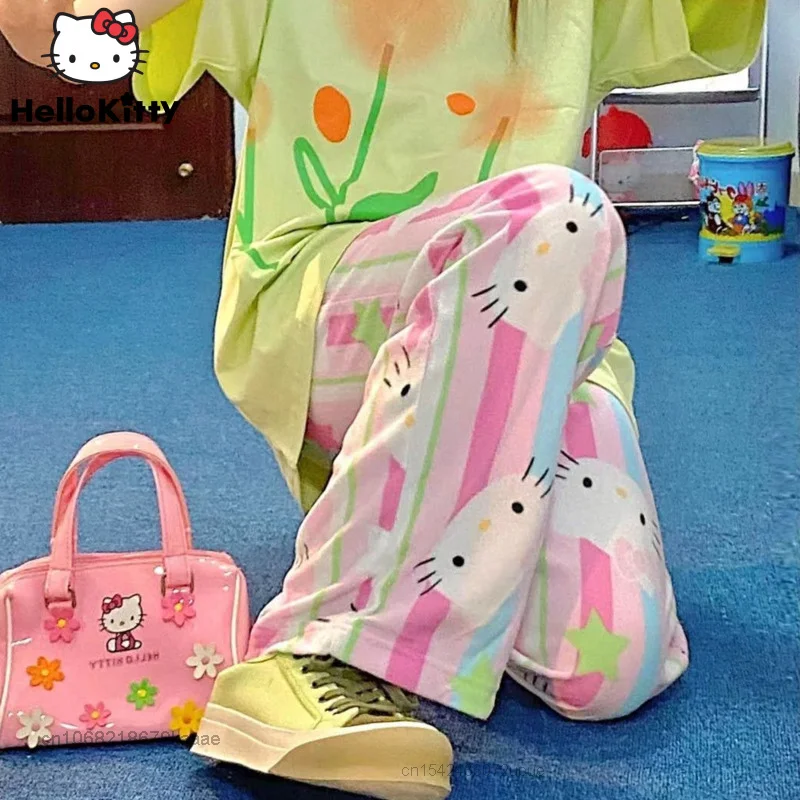 Sanrio Hello Kitty letnie spodnie luźna cienka odzież damska Harajuku spodnie od piżamy kobiet na co dzień spodnie z szerokimi nogawkami Y2k spodnie Kawaii