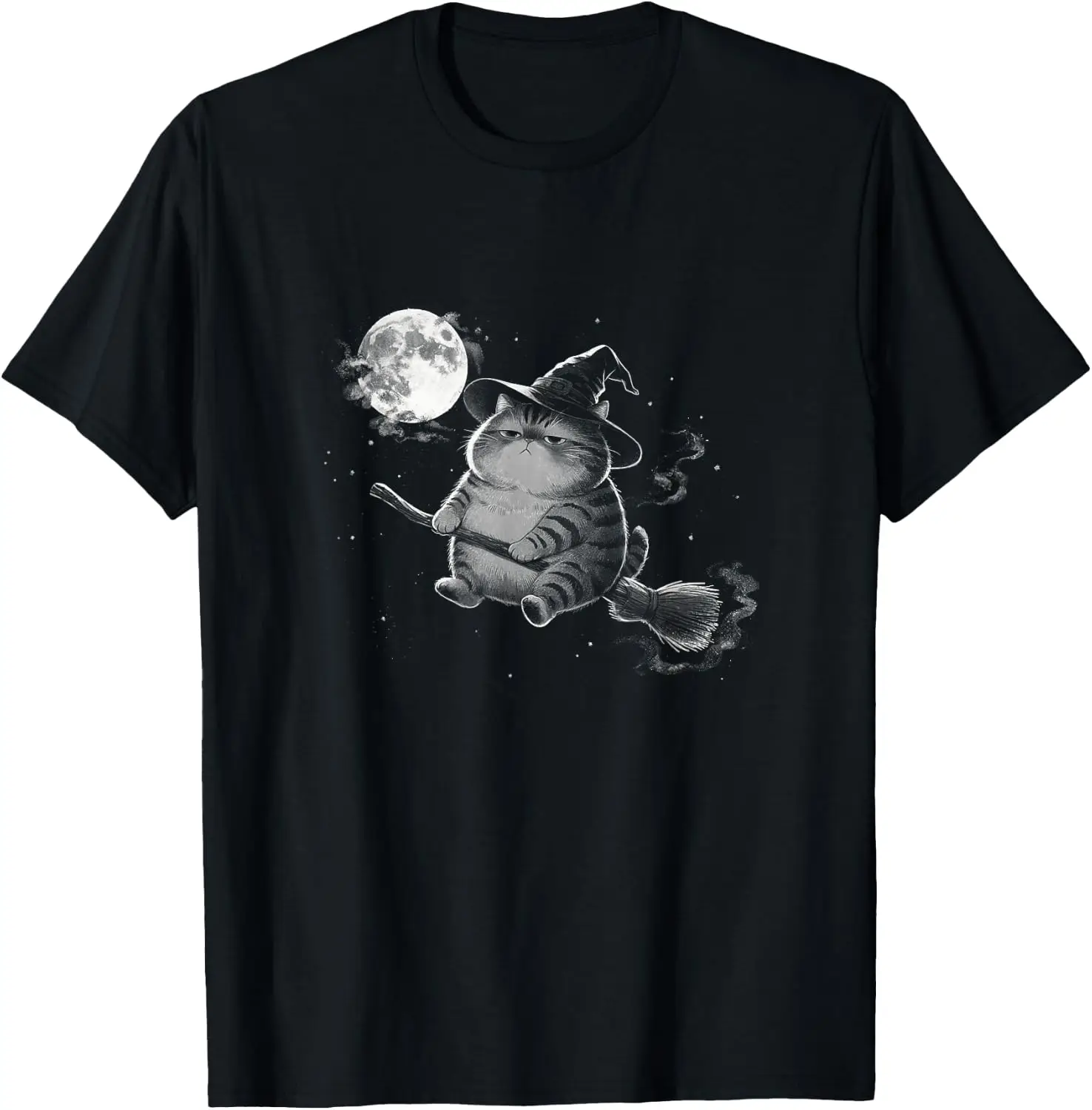 Funny Fat-Cat Witch Halloween Wizard Kitten Chonk Cat Moon T-Shirt Men Women Unisex Novelty Graphic T‑Shirt, Classic Crew Neck 100% Cotton Tee, Lightweight Anti‑Pilling Breathable Casual Tops, Year‑Round Daily Outfit, Holiday Birthday Present Tee