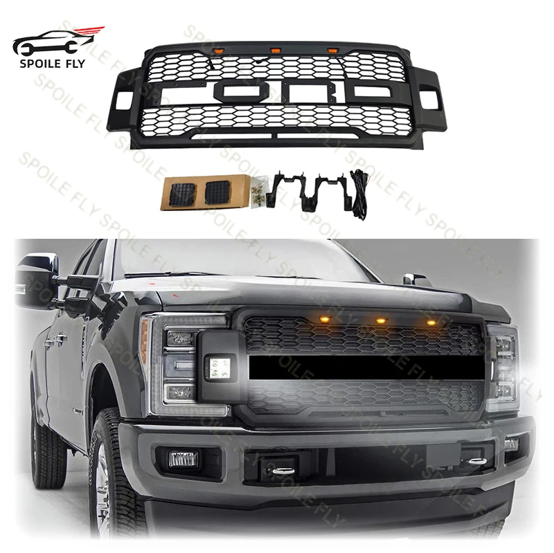 

High Quality ABS Raptor Style Car Front Grille Racing Grill With led Spotlights For Ford F250 F350 Super Duty 2017 2018 2019