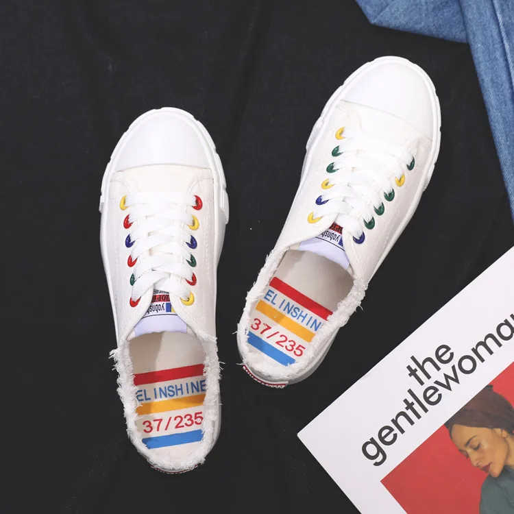 

Летние женские корейские белые кроссовки Canvas oes Harajuku Ulzzang, универсальные слипоны, ленивые одноступенчатые женские туфли на плоском каблуке с резиновой подошвой