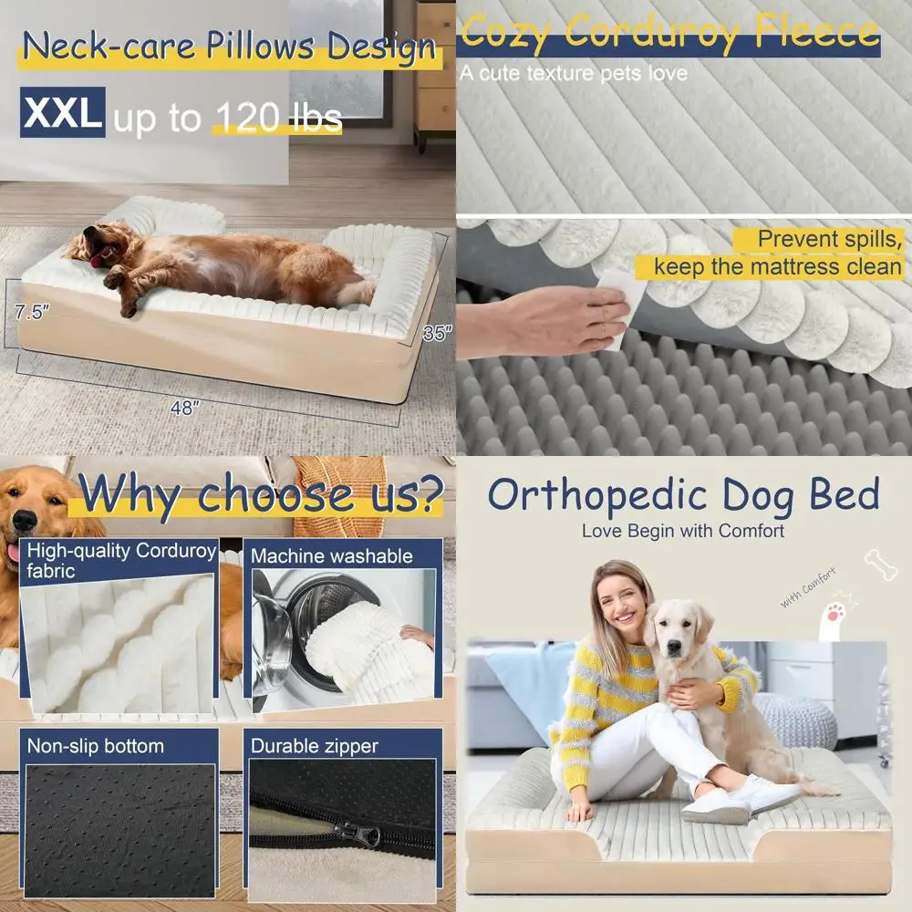 

XXL Premium Orthopedic Dog Bed - Washable Memory Foam, Soft Corduroy & Fleece Cover, Waterproof Removable Couch for Large Dogs (