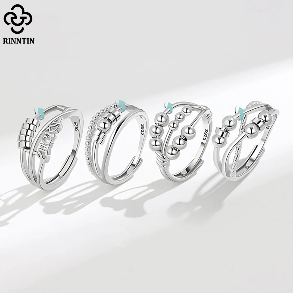 Rinntin 925 Sterling Silver Fidget Anxiety Ring with Rotatable Bead for Women Open Spinner Finger Ring Party Jewelry SR296