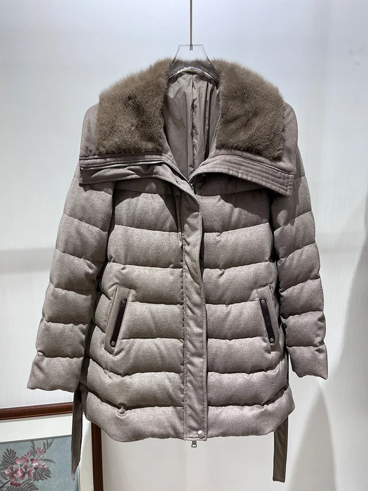 2025 Women Winter Warm Goose Down Jacket Real Mink Fur Collar Cashmere Wool Jackets Thick Cusual Female Puffer Jackets