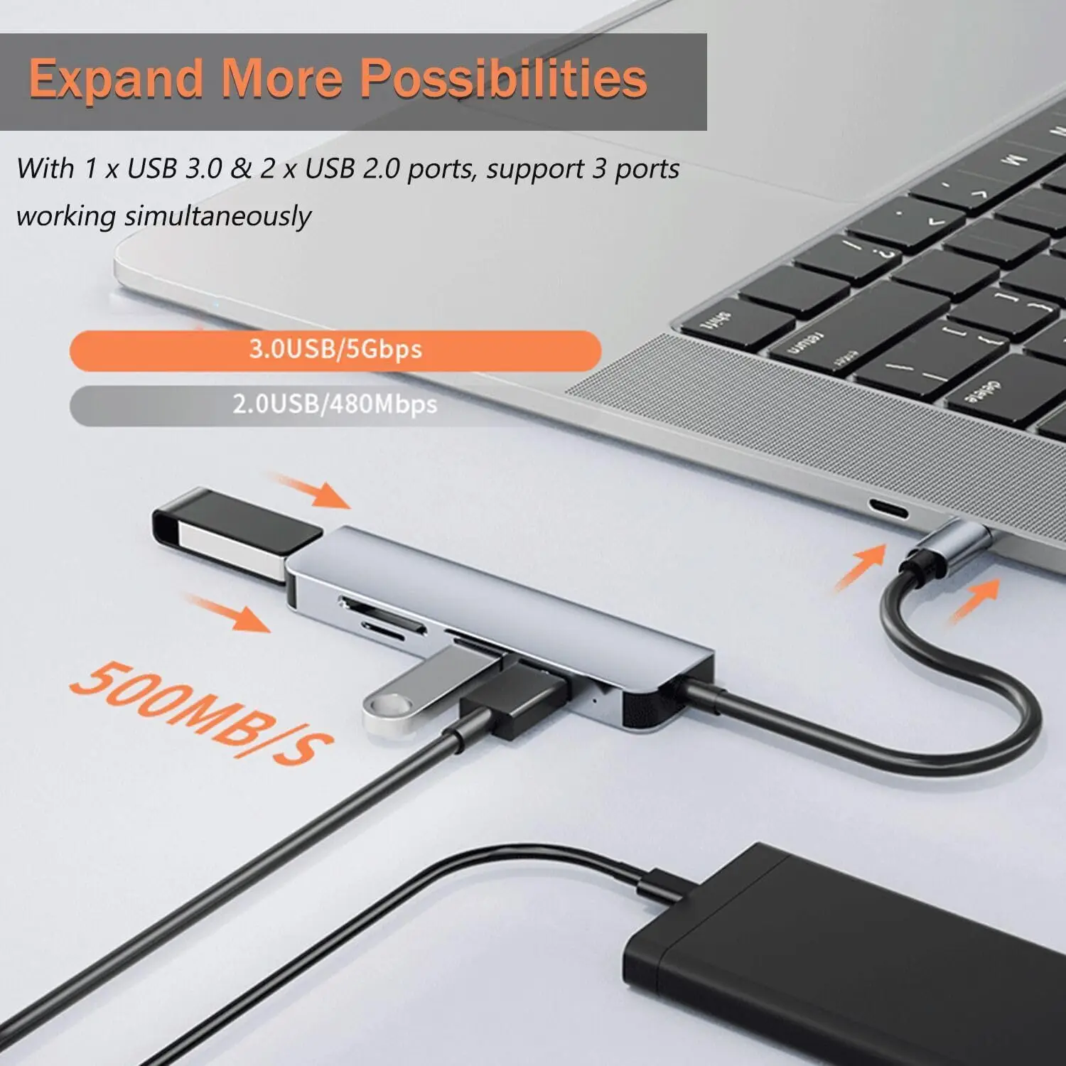 5 in 1 Aluminum USB-C Hub USB docking station with Memory Card Reader and USB 3.0 Ports, for PC Laptops,MacBook Pro/Air,iMac Pro