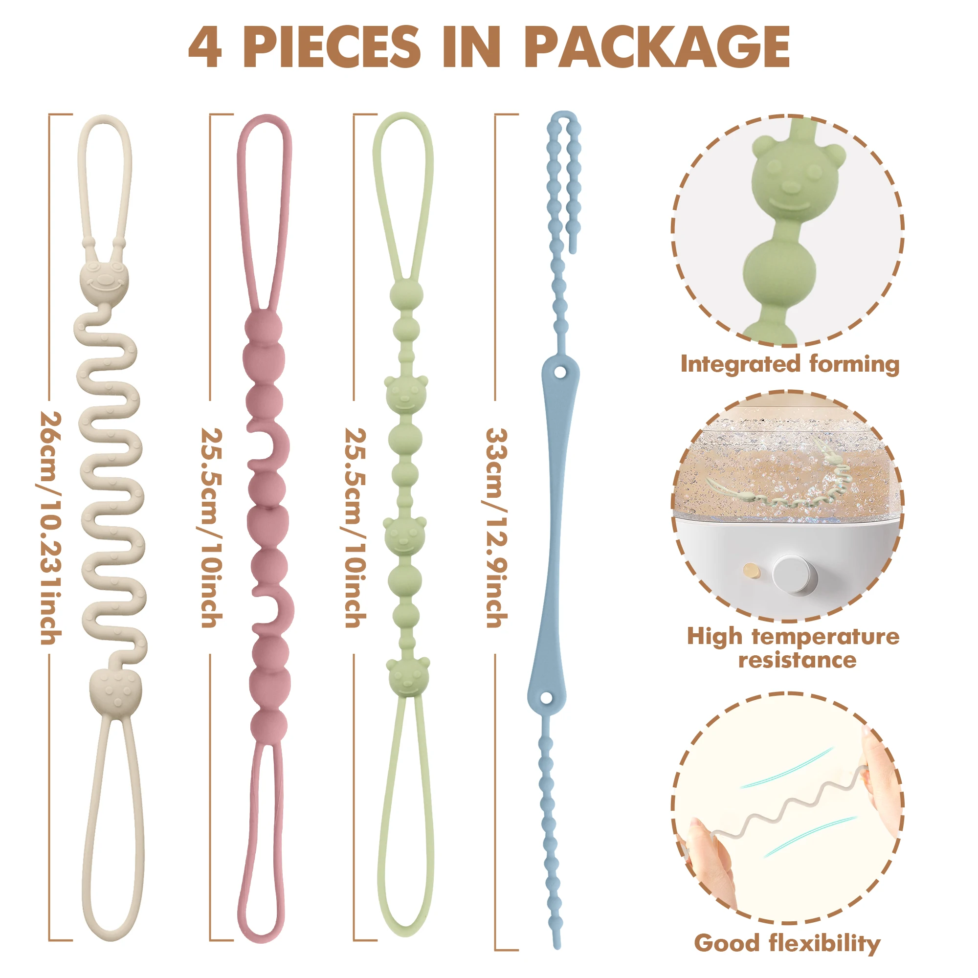 4pcs Silicone Pacifier Clip, Baby Pacifier Clip with 4 Styles of Pacifier Chains, Cases for Boy and Girl, Keeps Pacifier Clean