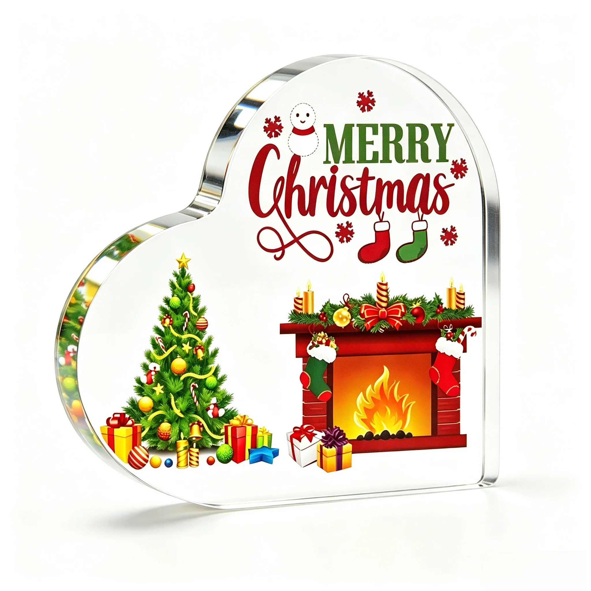 Merry Christmas Fire Scene Heart Acrylic Sign, Holiday Shelf Ornament