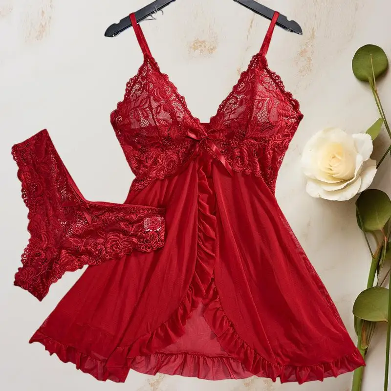 

Ультрасексуальное женское кружевное прозрачное ночное платье, эротическая пижама, однотонное мягкое облегающее платье для сна с V-образным вырезом, летнее платье и комплект стрингов