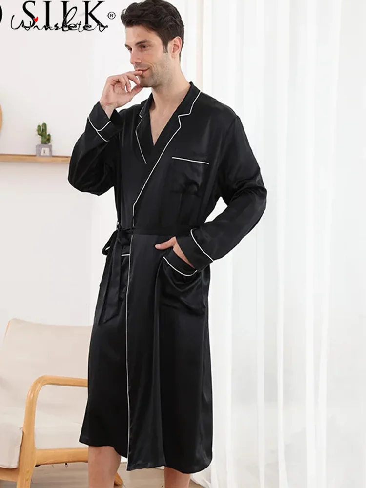 

Silky Sleepwear Gentleman Elegant Nightgown,19Momme 100%Pure Mulberry Silk Long Robe for Men,2024 Natural Pajamas,P3D036QM