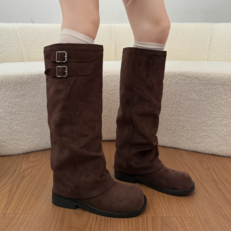 Women Flats Knee High Boots Trend Woman Flats Shoes 2026 Winter Suede Long Boots Sport Walking Shoes Buckle Chelsea Botas Mujer