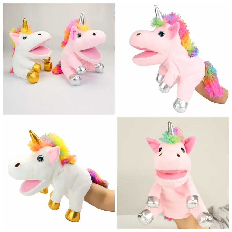 Marioneta de mano de animales de 30cm, juguetes de peluche de unicornio de dibujos animados, marionetas de mano de animales educativas para bebés, muñeco de juguete para contar historias para niños