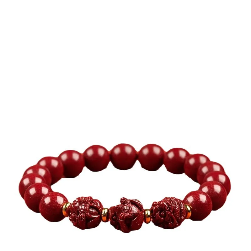 Chinese Style Natural Cinnabar Beaded Bracelet Three In One Zodiac Dragon Rabbit Ox Sheep Dog Lucky Blessing Wealth Fortune Birt