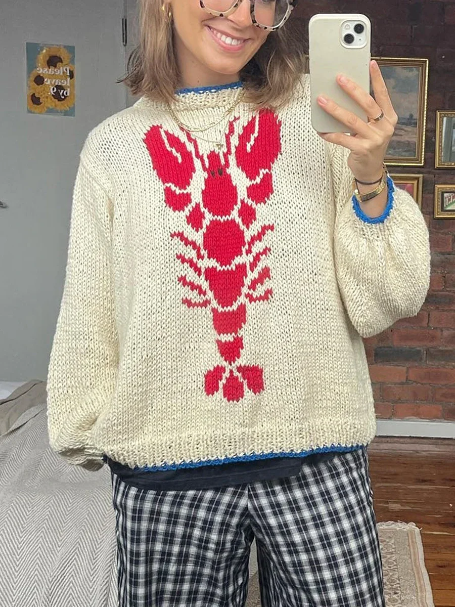 Y2K Lobster Patterm Knitted Pullovers Autumn Winter Long Sleeve Knitwear Vintage Grunge Preppy Sweater Women Winter Clothes