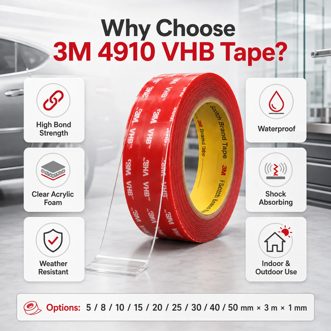3M 4910 VHB Tape Clear Double Sided Acrylic Foam Tape Strong Adhesive Waterproof Heat Resistant Removable No Residue