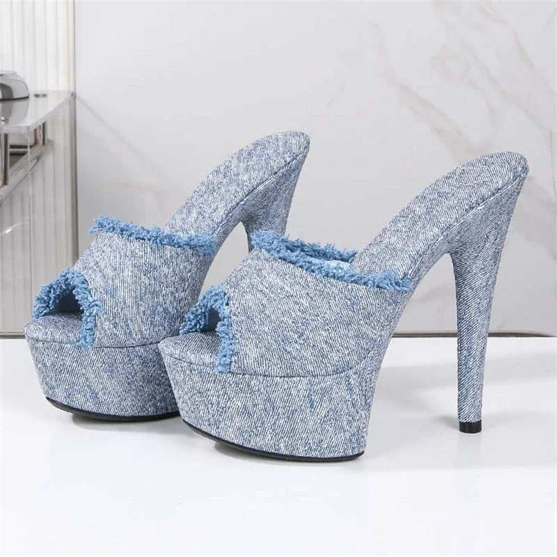 Aneikeh ฤดูร้อนแพลตฟอร์มรองเท้าแตะรองเท้าแตะผู้หญิง Super Thin รองเท้าส้นสูงรองเท้าเซ็กซี่ Designer DENIM จัดเลี้ยงสไลด์ Zapatos Mujer