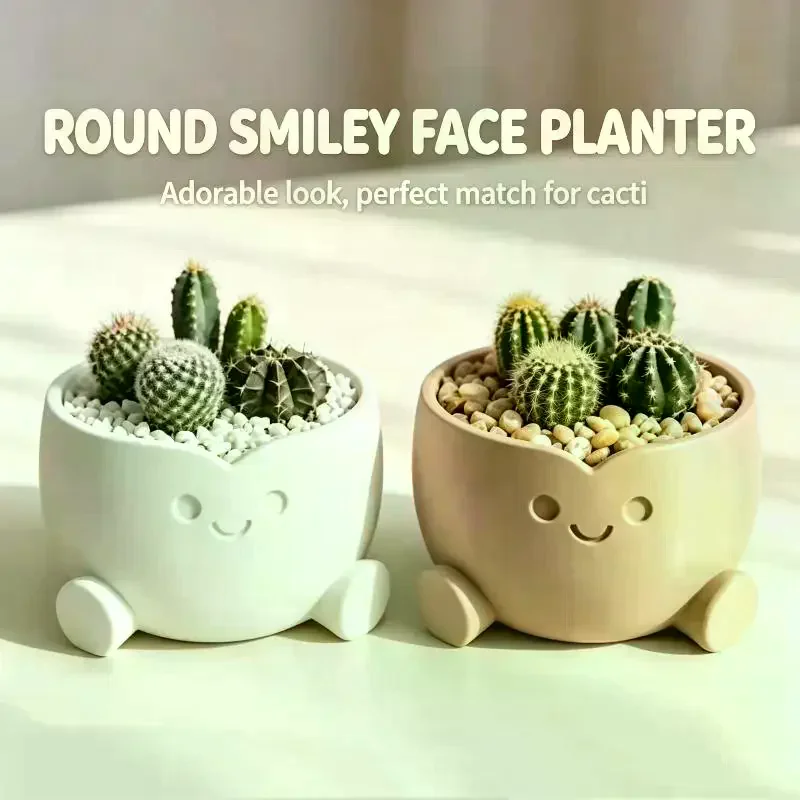 3D Printed Cute Smiling Figure Planter Pot Mini Indoor Flower Pot Desk Decor Home Office Gardening Gift