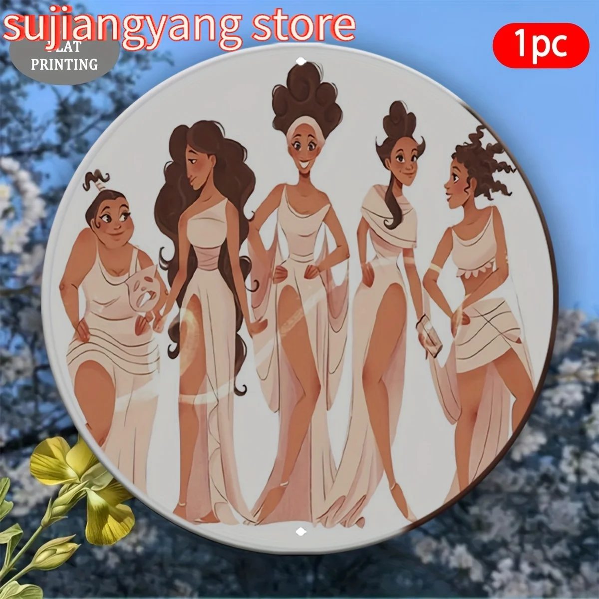 2D flach, 1 Stück, 2D flaches dekoratives Schild und Ornament, rundes Aluminiumschild mit fünf Göttinnen-Muster, geeignet für Terrasse, Frontporzellan