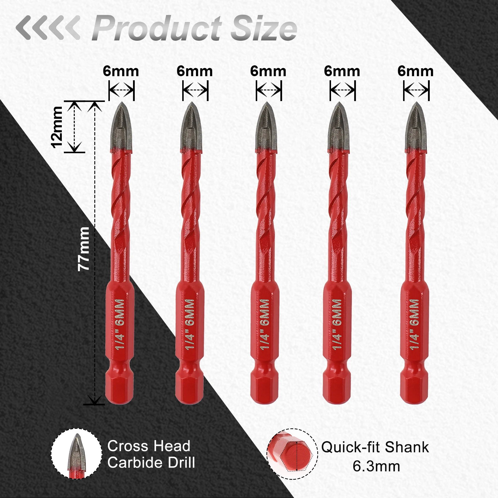 FOCSTOL Drill Bit Set Core Bit Dia 6mm 5PCS  Carbide Drill Tipped Hole Saw Woodworking For Plastic Masonry Ceramic Tile Core Bit
