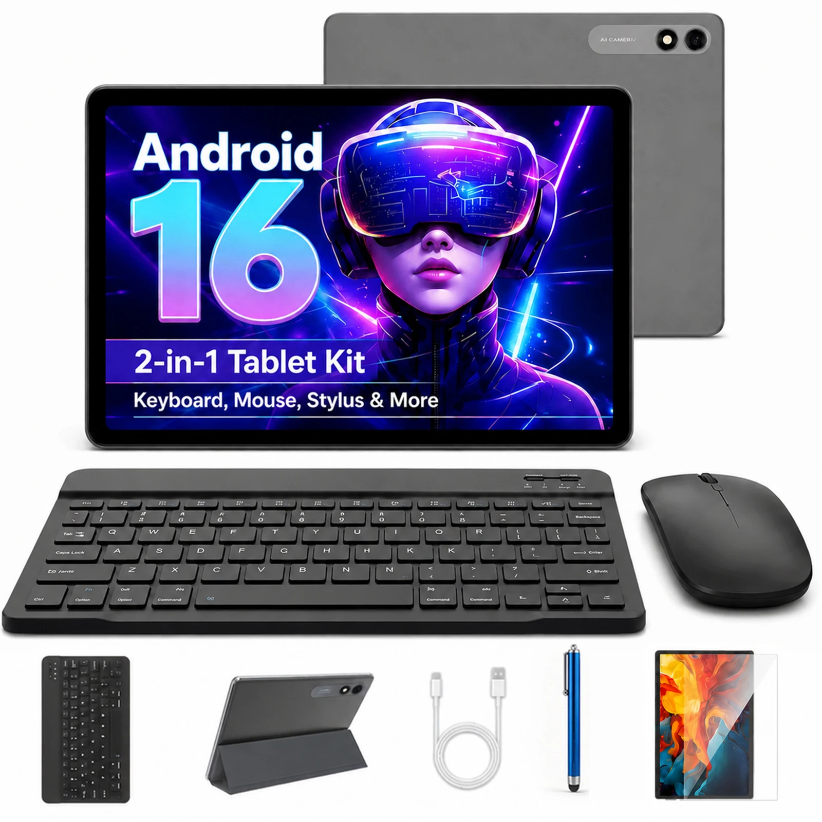 10 inch Tablet Android 16 8-Core Tablet 26GB+128GB 1TB Extended WiFi 6 8MP Stylus Keyboard Mouse Headset PC PAD Set