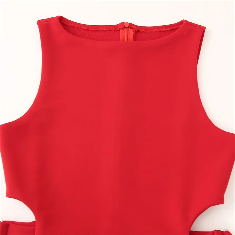 KEANKETIAN Estate delle nuove donne Halter-vita scava fuori abito moda sexy cerniera posteriore O-Collo sottile senza maniche mini abito rosso sottile