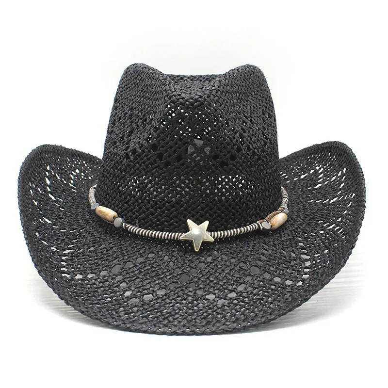 2025 Summer Hollow Straw Hat Ethnic Style Decoration European and American Fashion Beach Hat Curved Brim Cowboy Straw Hat