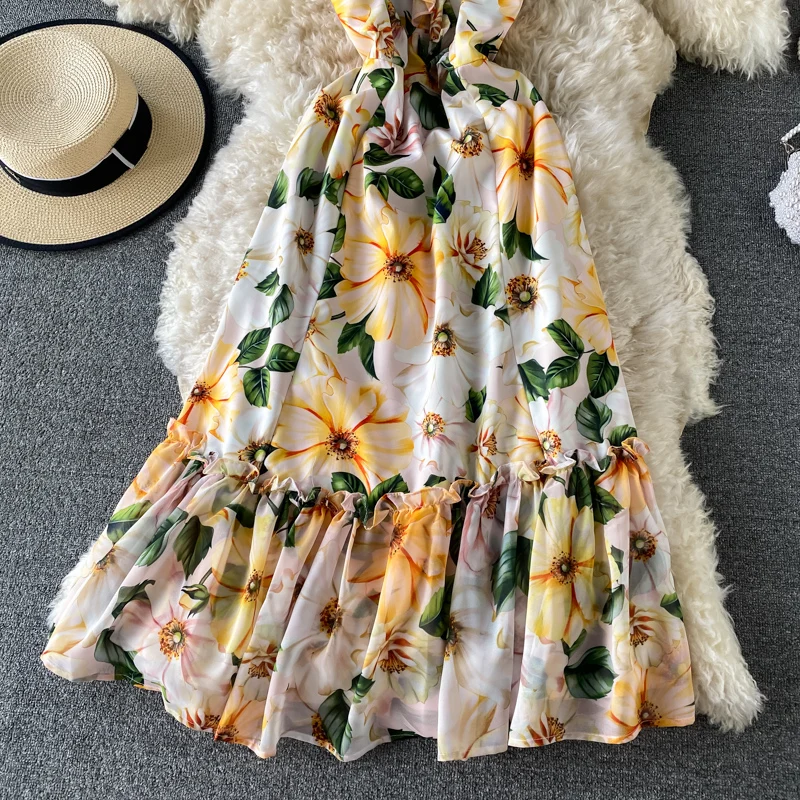 2023 Summer Runway Bodycon Mermaid Vestidos Women's Sleeveless V-Neck V Back Flower Print Ruffles Yellow Party Tank Dress