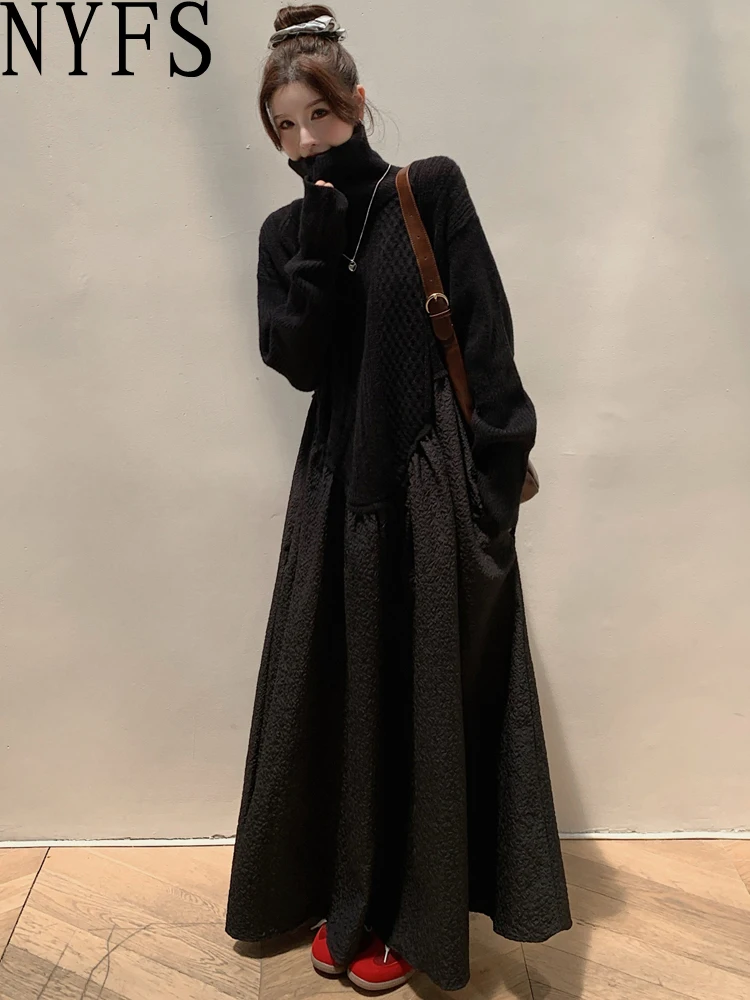 

NYFS 2024 Winter New Korea Women Dress Vestidos Robe Elbise Loose Plus Size Turtleneck Patchwork Knitting Long Dresses