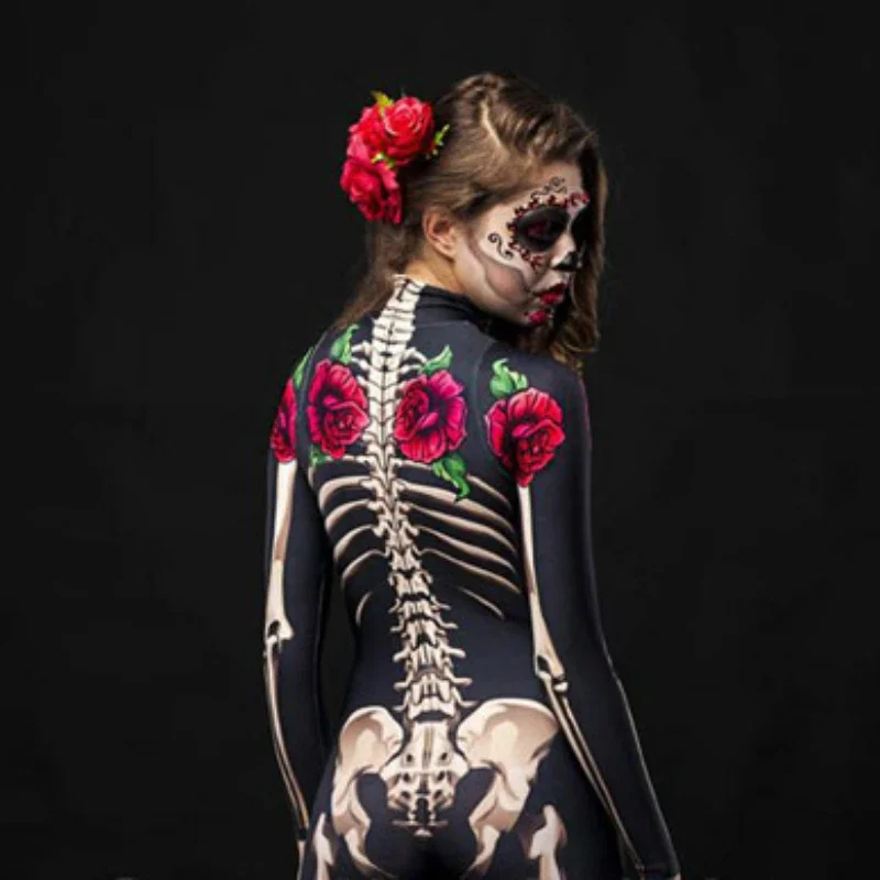 Women Cosplay Skeleton Rose Sexy Bodysuit Halloween Devil Ghost Specter Jumpsuit Romper Party Carnival Performance Scary Costume