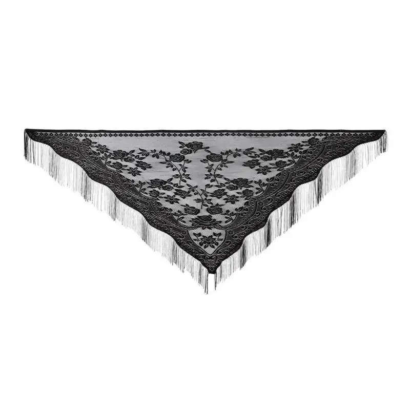 

652F All Matching Lace Shawl Wrap with Tassels Sheer Triangular Shoulder Wrap Cover Up Scarf for Women Formal Casual Occasion